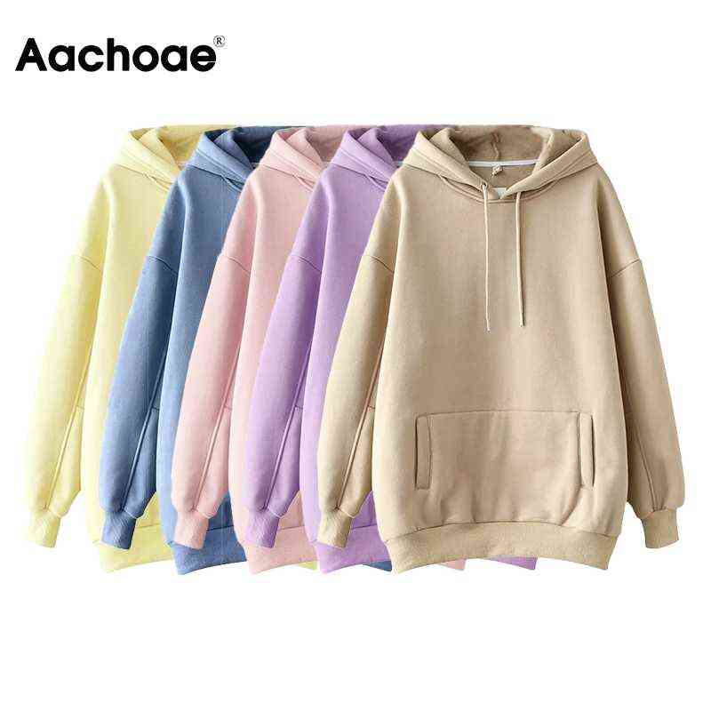 Aachoae Casual Solid Hooded Hoodies Women Batwing Long Sleeve Plus Size Sweatshirts Autumn Pullover Pure Fashion Tops Sudaderas 211109