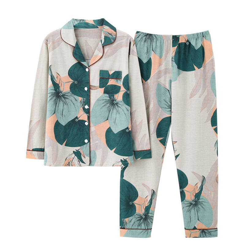 Spring Autumn Fashion Printed Women Pajamas 100% Cotton Homewear Suit Long Sleeve Plus Size Loose Home Clothes Female Sleepwear 210330