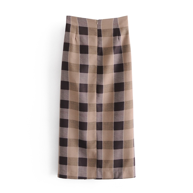 Elegant Women Brown Plaid Skirts Fashion Ladies Side Slit Streetwear Female Chic Draped High Waist Long 210430