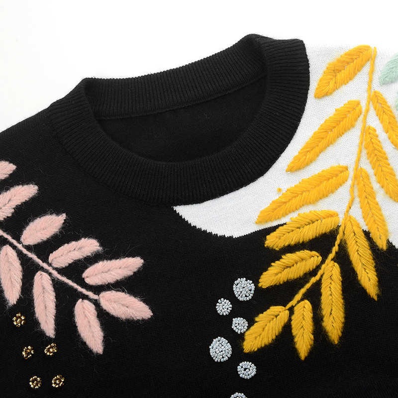 Winter Contrast Striped Sleeve Embroidery Leaves Beaded Sequins Sunglasses Girls Knit Sweater C-177 211018