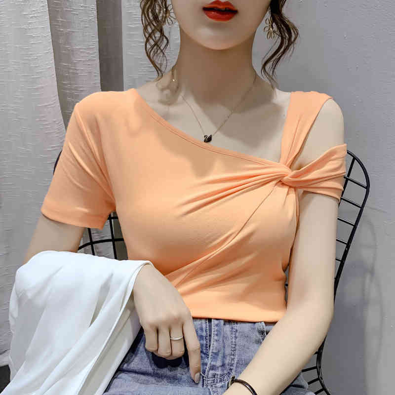 Korean Solid Asymmetrical Neck T shirts Summer Short-Sleeved T-shirt Women's clothes Slim TShirt Harajuku shirt 96i 210420