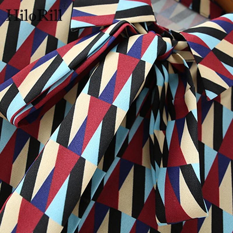 HiloRill Geometric Print Vintage Long Shirt Dress Women Office Wear Elegant Bow Tie Turn Down Collar Casual Vestido Dresses