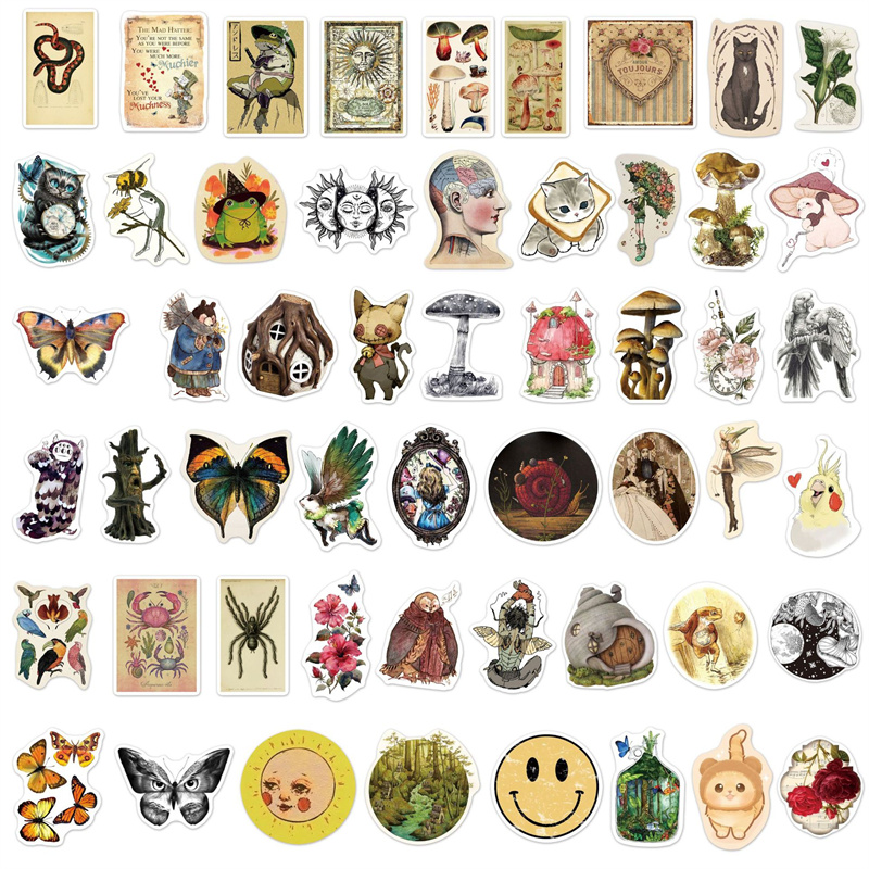 50pcs/Lot Waterproof Retro Design Stickers Animal Plant DIY Graffiti Decals For Notebook Luggage iPad Phone Scooter Car Guitar Games Skateboard Gift D