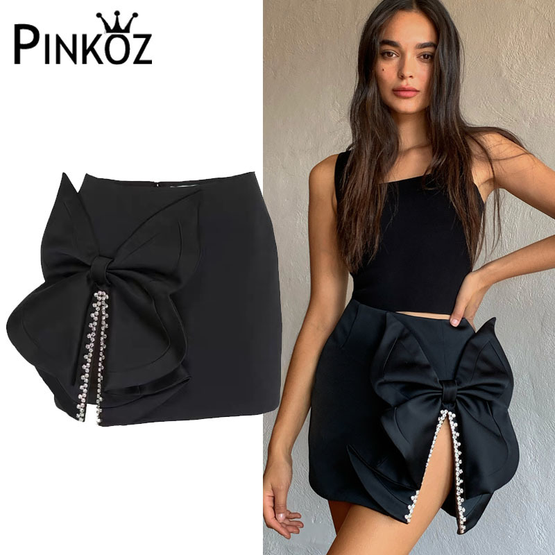 mini skrt women young lady sweet crystal split with big bow ligh blue black party sexy night club shirts mujer faldas 210421