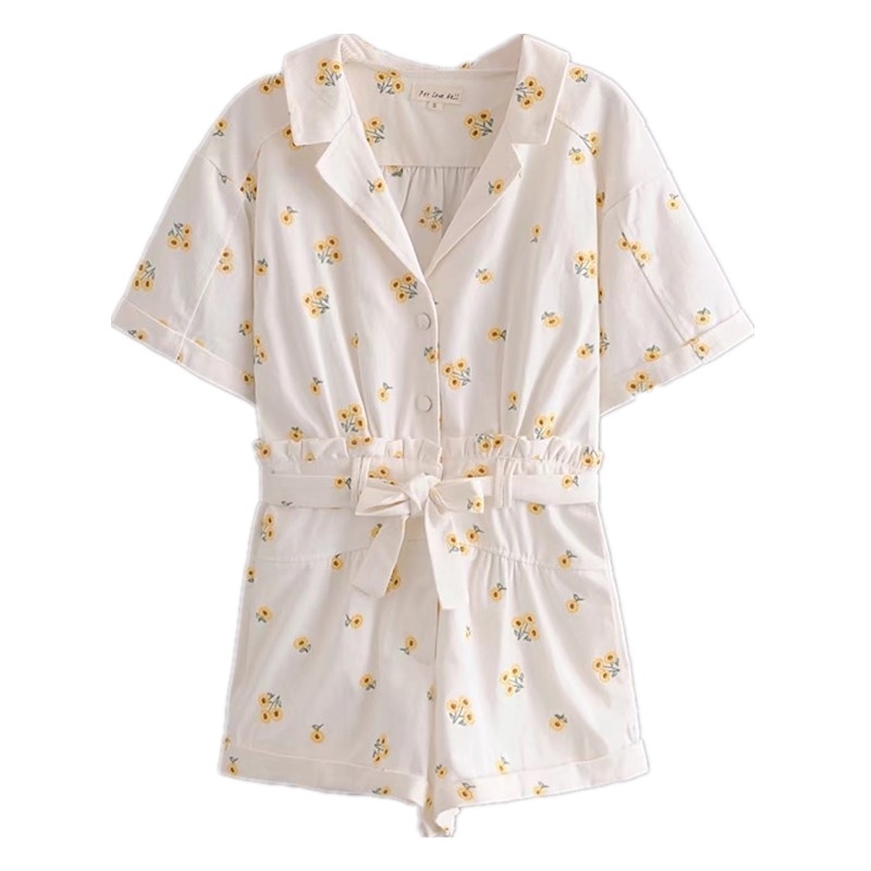 Notched V neck Embroidery Daisy Flower Bodysuits Women Tie Bow Waist Short Sleeve Pants Jumpsuit Romper Playsuits 210429