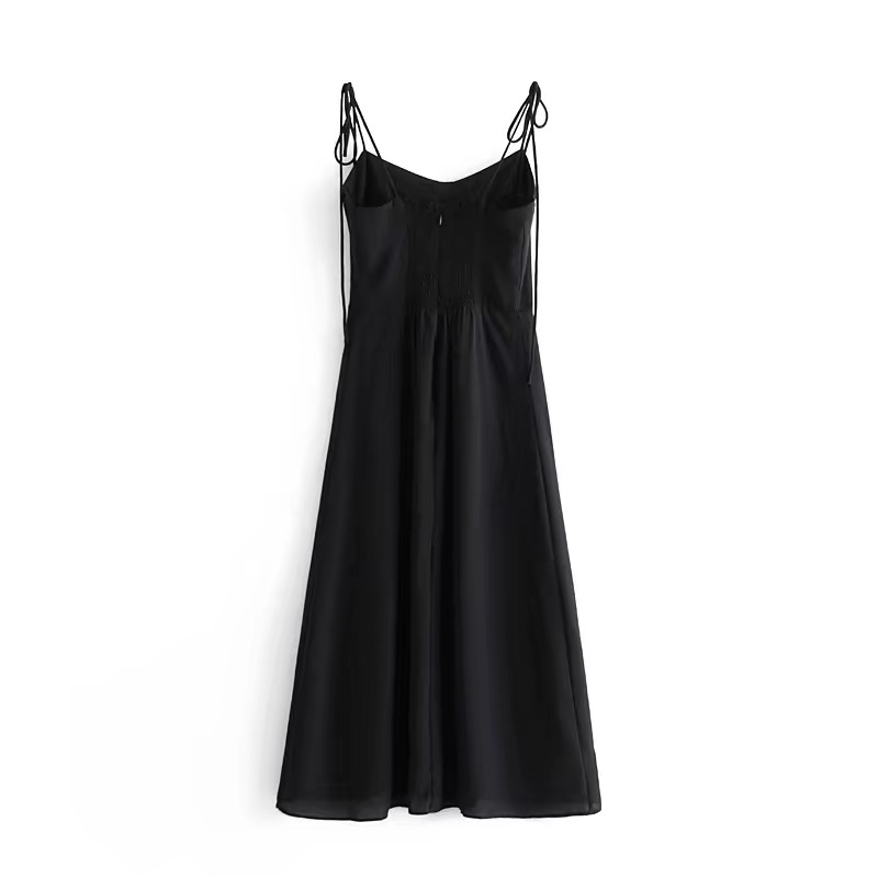 French Women Dress Solid Black Color Bandage Lacing up Spaghetti Strap Mid-Calf Slit Dresses Party Fashion Female Clothes 210429