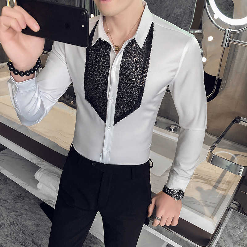 White Black Tuxedo Shirt Men Sequins Patch Solid Long Sleeve Dress Slim Fit Shirts Stage Wedding Prom Gentleman Blouse Male 210626