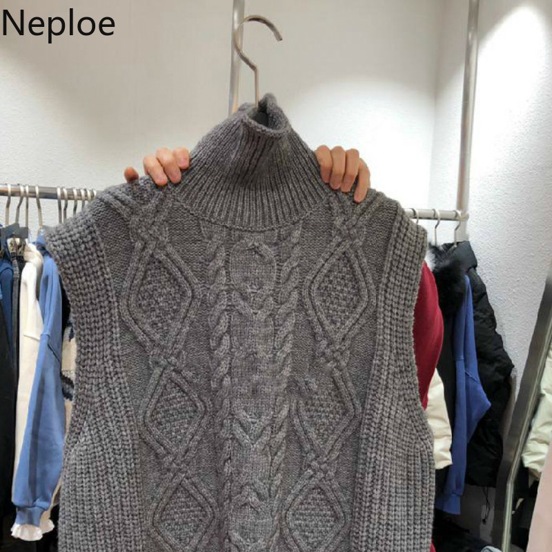 Neploe Temperament Turtleneck Knitwear Pullovers Vest Female Winter Clothes Solid Color Knitted Ribbes Waistcoat Women Tank Tops 210422