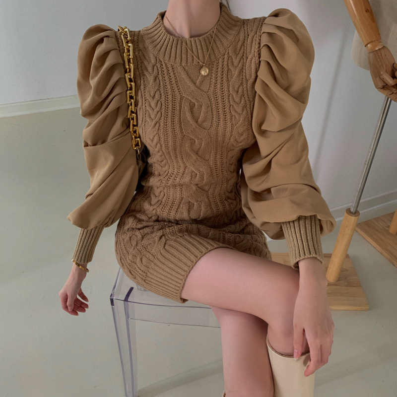 Retro Fall Winter Fashion Women Twist Knit Patchwork Puff sleeve Korean Elegant Chic Sweater Dress Robe Femme 210518