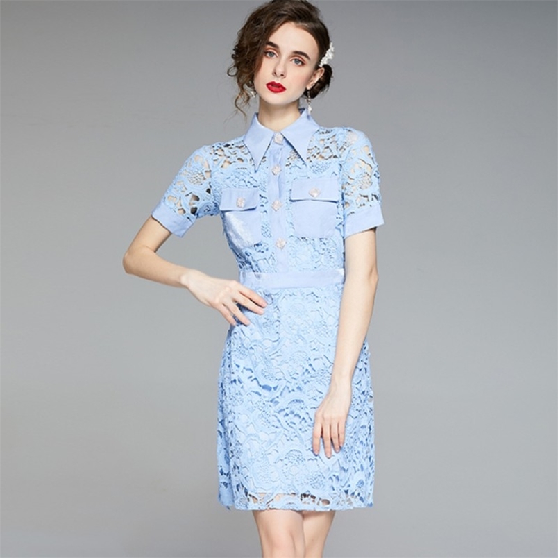 Vintage Summer Women Fashion Sexy Lace Hook Flowers Single Breasted Turn-down Collar Office OL Slim Party Dresses 210519, Sky blue
Vintage Summer Women Fashion Sexy Lace Hook Flowers Single Breasted Turn-down Collar Office OL Slim Party Dresses 210519, Sky blue