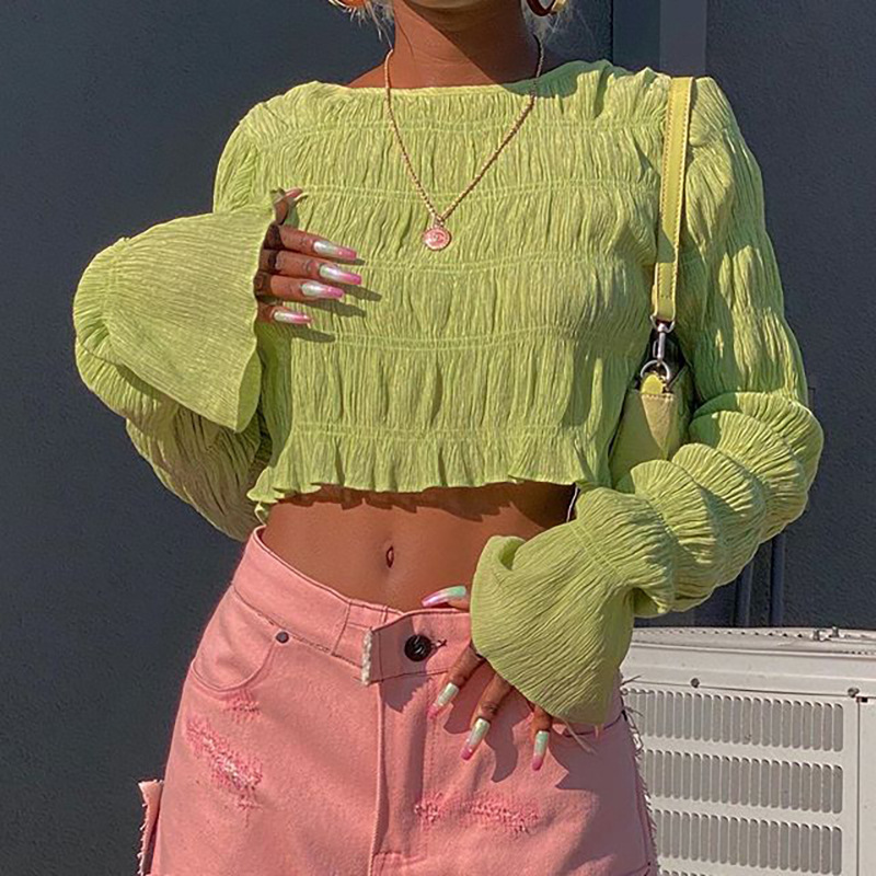 2021 Autumn Womens New Korean Style Pleated Round Neck Long-sleeved Belly Button All-match Crop Top Women Y2k Aesthetic, Green
2021 Autumn Womens New Korean Style Pleated Round Neck Long-sleeved Belly Button All-match Crop Top Women Y2k Aesthetic, Green