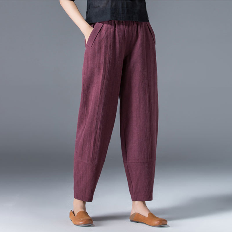 Spring Summer Women Pants Plus Size Loose Casual Harem Elastic Waist Pocket Cotton Linen Vintage Ladies Trousers D61 210512