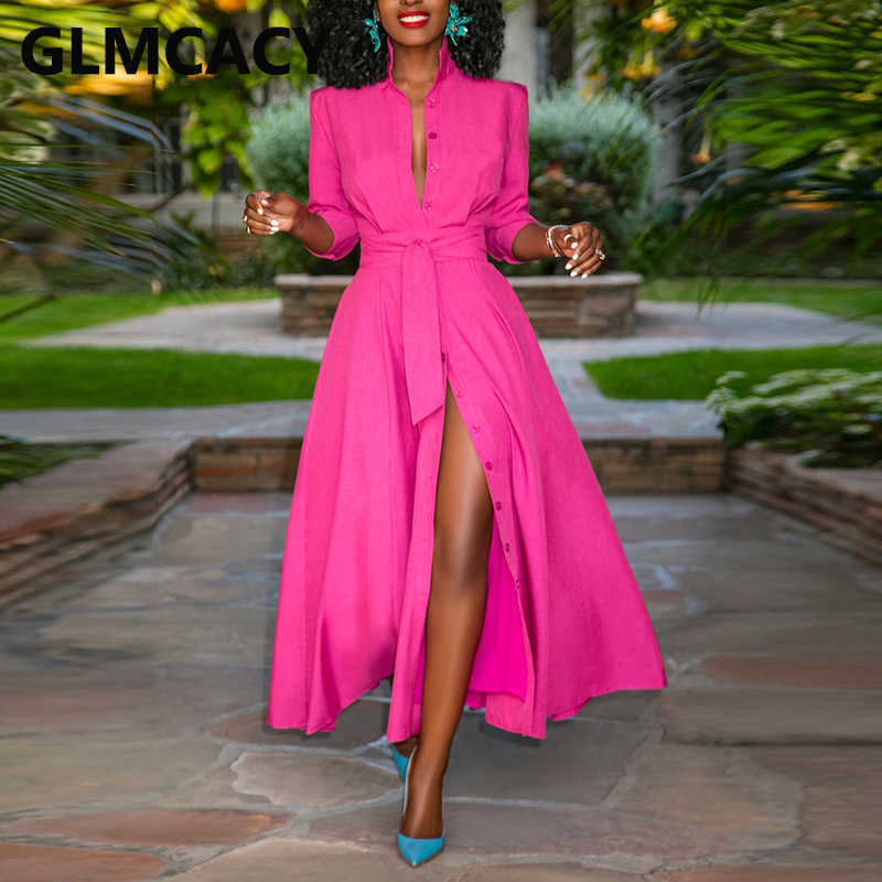 Half Sleeve Elegant Belted Button Down Slit Maxi Dress 210702
