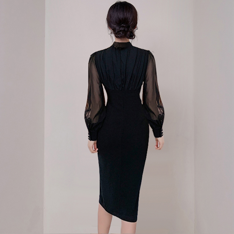 Women Double Breasted Autumn Winter Sexy V Neck Slim Dresses Office Ladies Elegant Chiffon Stitching Vestido 210520