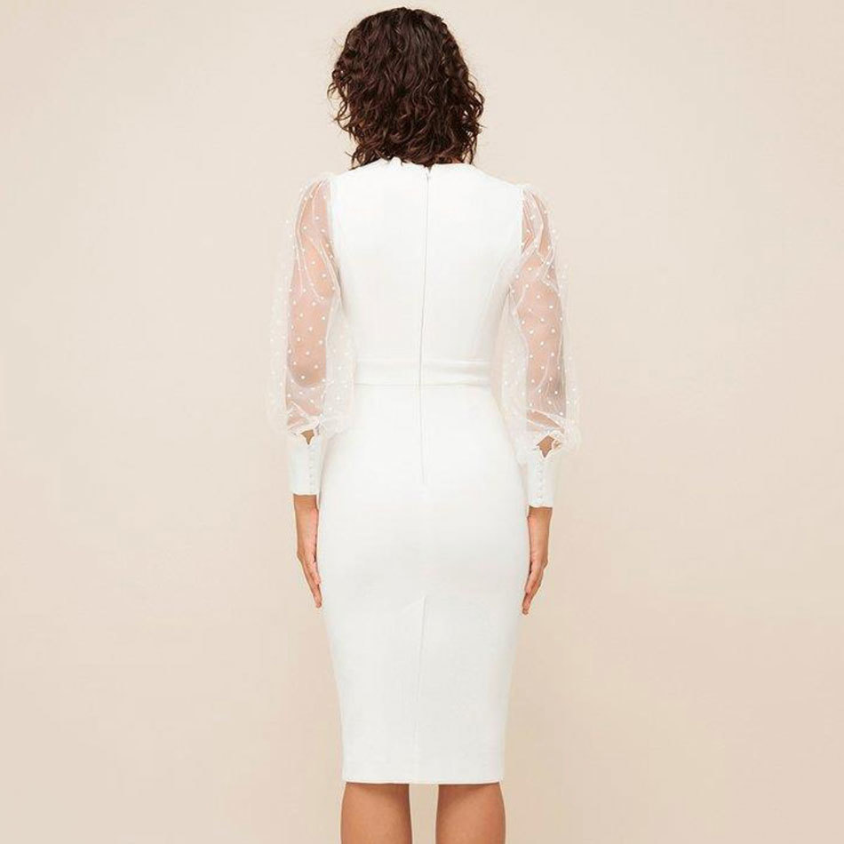 Free Women Elegant Bandage Dress Sexy V-neck Mesh Puff Sleeve Hollow Bodycon Midi Club Party Dresses Vestidos 210524
