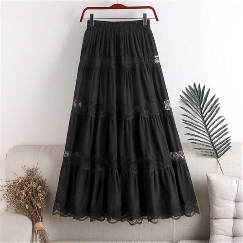 Sweet kawaii Chiffon Lace Stitching A-line pleated skirt Women's High Waist Midi Skirts Black Purple Elegant Party Long Skirt 210619