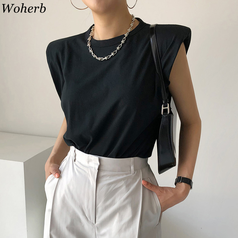 Women T Shirt Summer Korean Chic Shoulder Pads Flying Sleeve Tees Female Vintage Loose Black O Neck Slim Fit Tops 210519