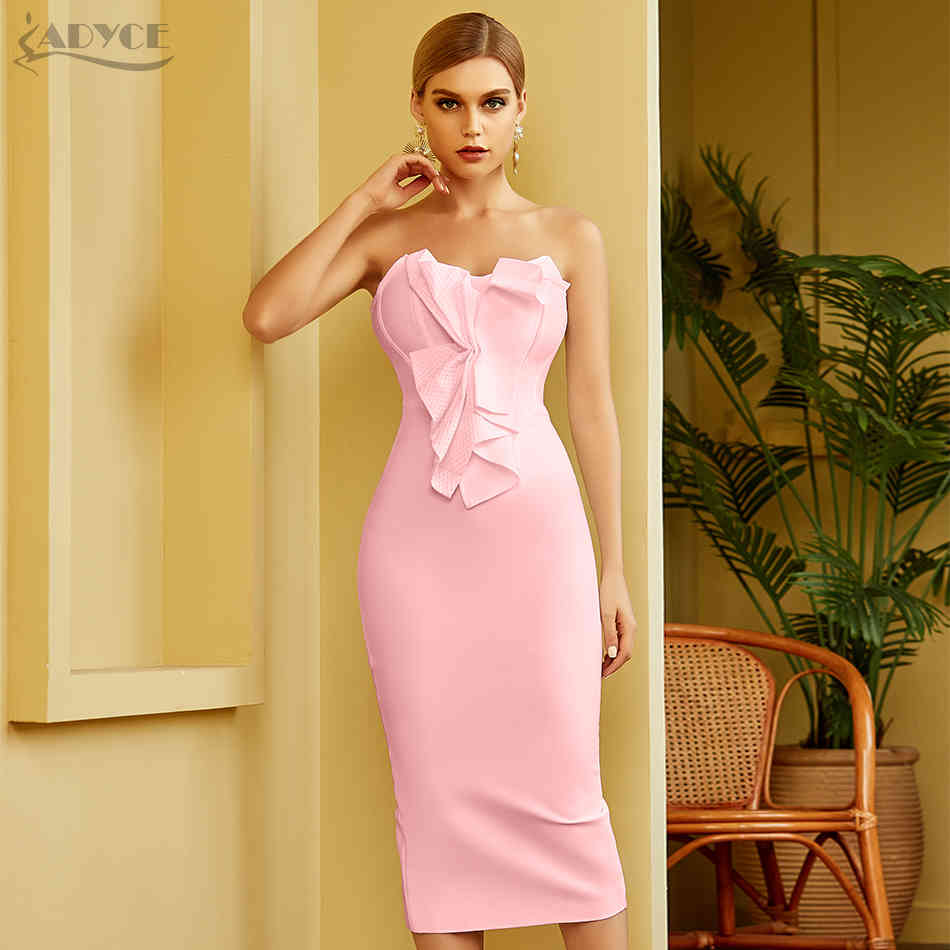 Summer Women White Sleeveless Bandage Dress Sexy Strapless Ruffles Pink Midi Club Celebrity Runway Party Dresses 210423