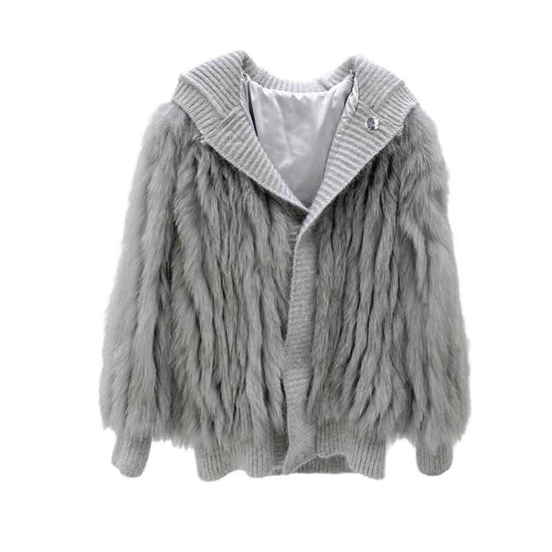 Women's Fur & Faux Knitted Hood Real Coats Women Fashion Jacket Nice Genuine Coat For Winter Stripe Sewed Together