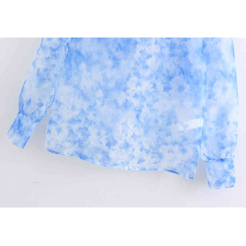Transparent Voile Printed Bow Tie Blouses Women Fashion Print Tops Elegant Ladies Long Sleeve Shirts 210520