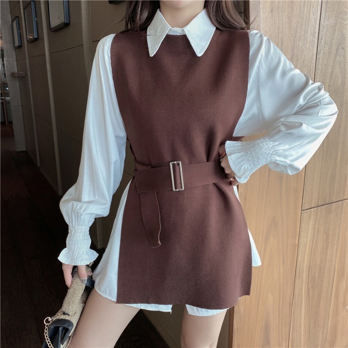 Nomikuma Women Elegant Two Pieces Sets Medium-long Blouse Shirt + Belst Slim Knitted Vest Korean Spring New Outfits 6E090 210427