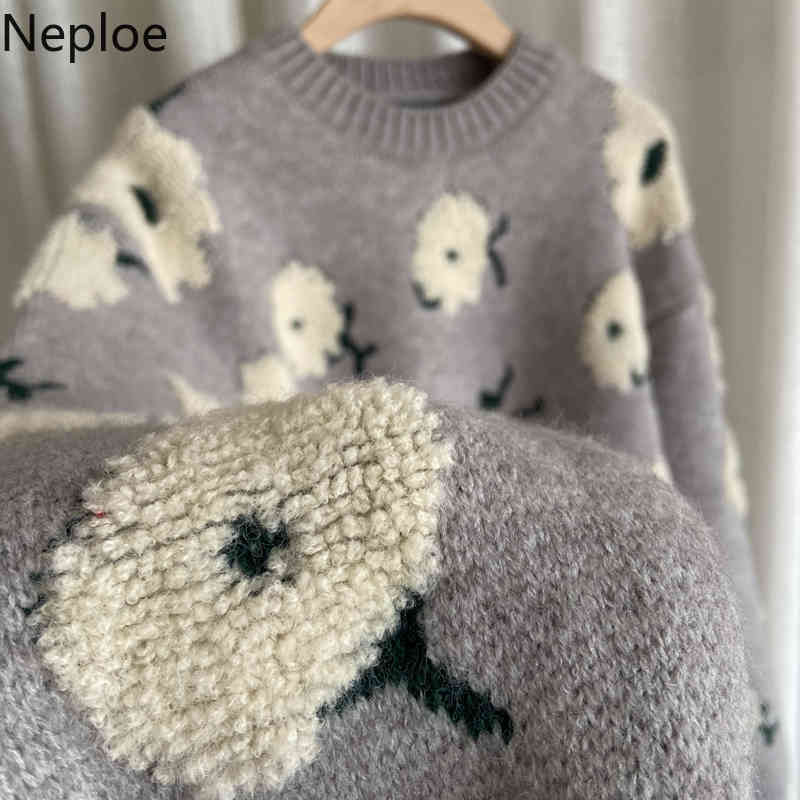 Neploe Embroidery Pullovers O-neck Long Sleeve Thicked Sweaters for Women Winter Clothes Chic Warm Jumper Sueter Mujer 4H121 210422