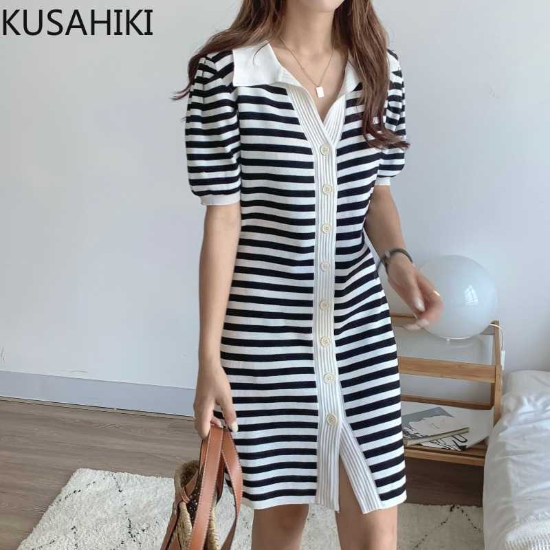 KUSAHIKI Elegant Striped Knitted Dresses Korean Single Breasted Women Dress Short Sleeve Turn-down Collar Sweater Vestidos 6J493 210602, Black
KUSAHIKI Elegant Striped Knitted Dresses Korean Single Breasted Women Dress Short Sleeve Turn-down Collar Sweater Vestidos 6J493 210602, Black
