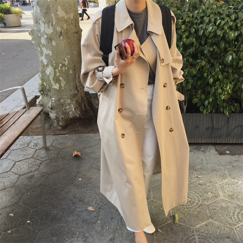 England Classic Long Trench Coat Belt Female Plus Fashion OL Overcoat Slim All Match Loose Slender Lady Windbreaker 210421