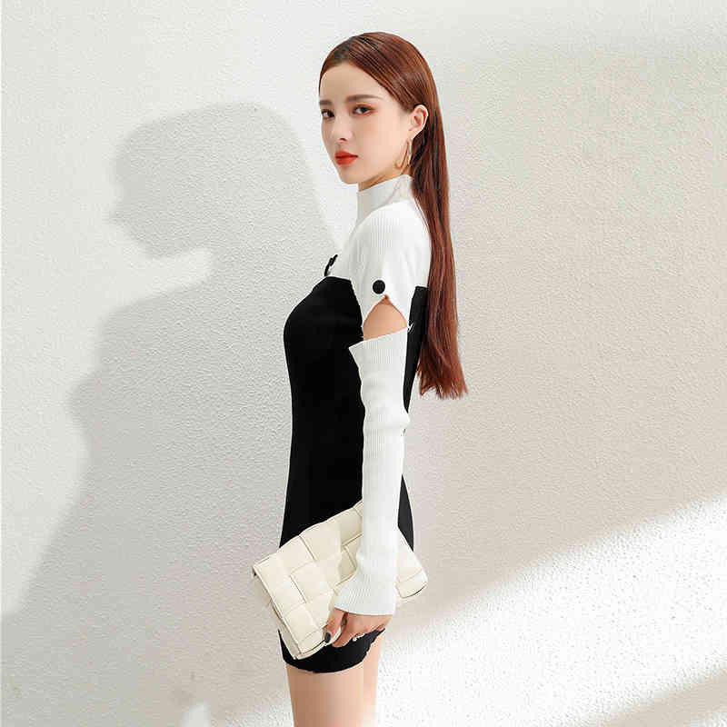 Turtleneck Button Hollow Sexy Patchwork White Black Slim Elegant High Waist Stretch Knit Mini Dress Women Bodycon Vintage Party 210506