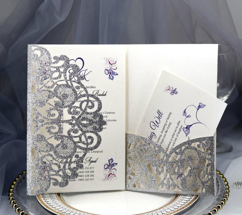 Gold Silver Glitter Laser Cut Pocket Invitation For Wedding Bridal Shower Engagement Wedding Accessory Blank Inner Customized Birthday