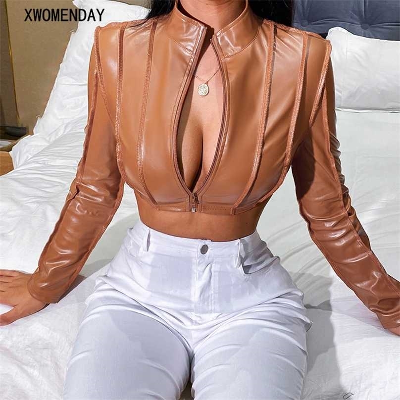 Women Faux Leather Cropped Jacket Sexy Vintage Slim Zipper Long Sleeve Coat Spring Fashion Brown Streetwear Jackets 211130