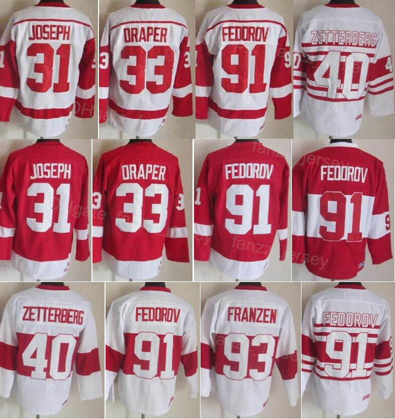Men Retro Ice Hockey Vintage 33 Kris Draper Jersey 31 Curtis Joseph 91 Sergei Fedorov 40 Henrik Zetterberg 93 Johan Franzen All Stitching 75th Anniversary HongYi