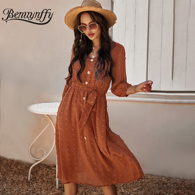 V-neck Button Front Swiss Dot Chiffon Dress Women Spring Summer 3/4 Sleeve Elegant Office Lady Midi with Belt 210510