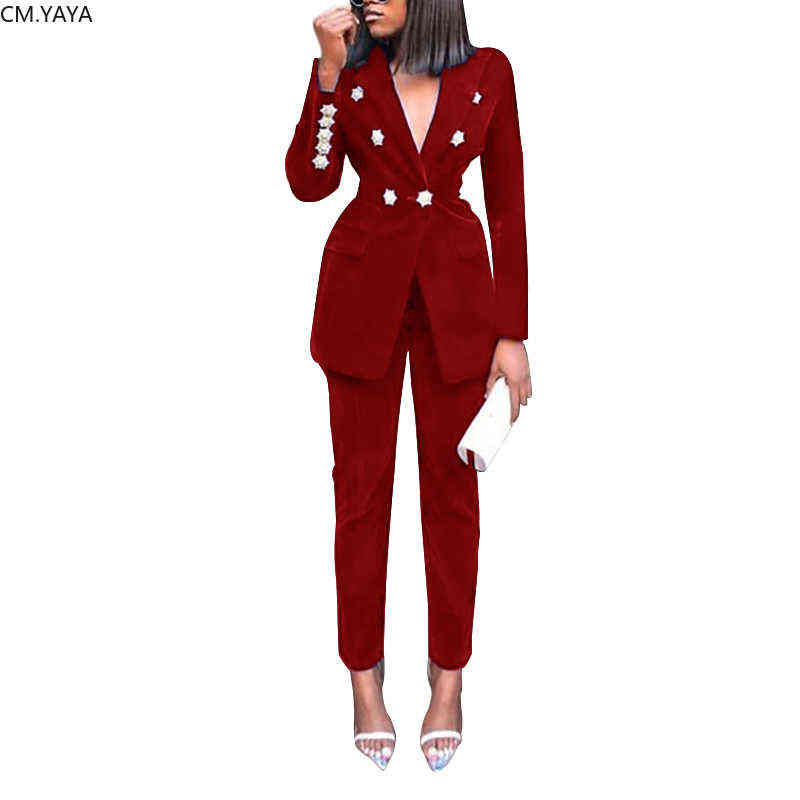 Autumn Winter Tracksuit Notched Full Sleeve Blazers Pants Suit Two Piece Casual Office Lady Outfit Solid Women Set Uniform 1230 211105