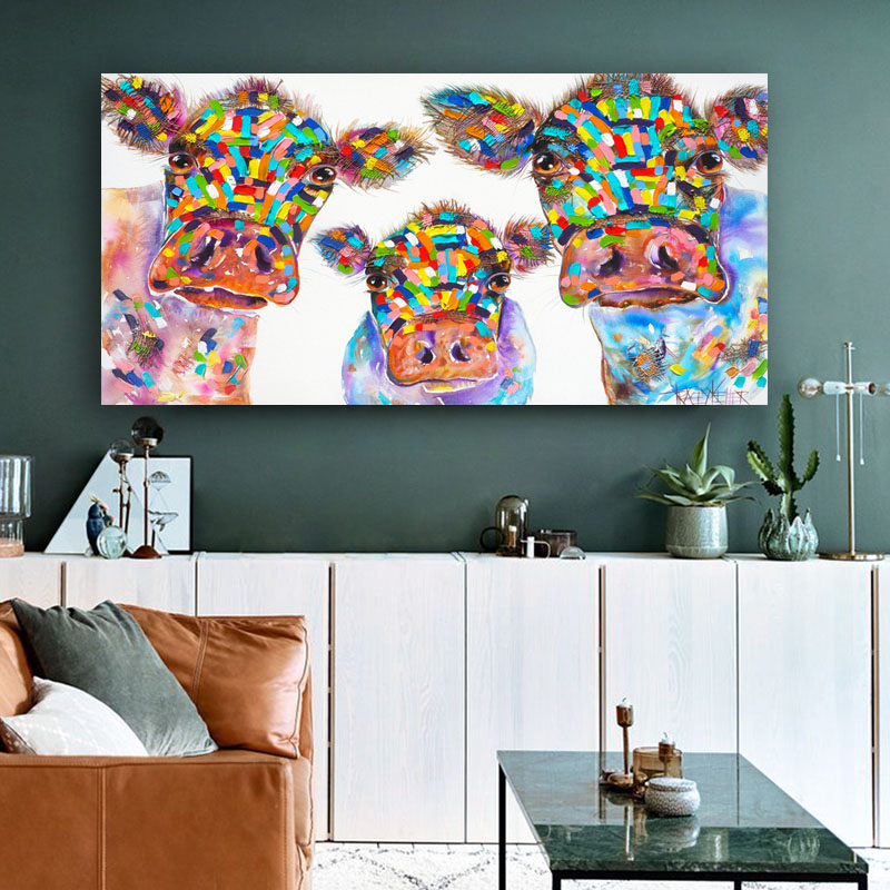 Cartoon Watercolor Canvas Painting Cow Family Wall Art Poster Prints Decorative Animal Picture Children Room Home Decor Unframed