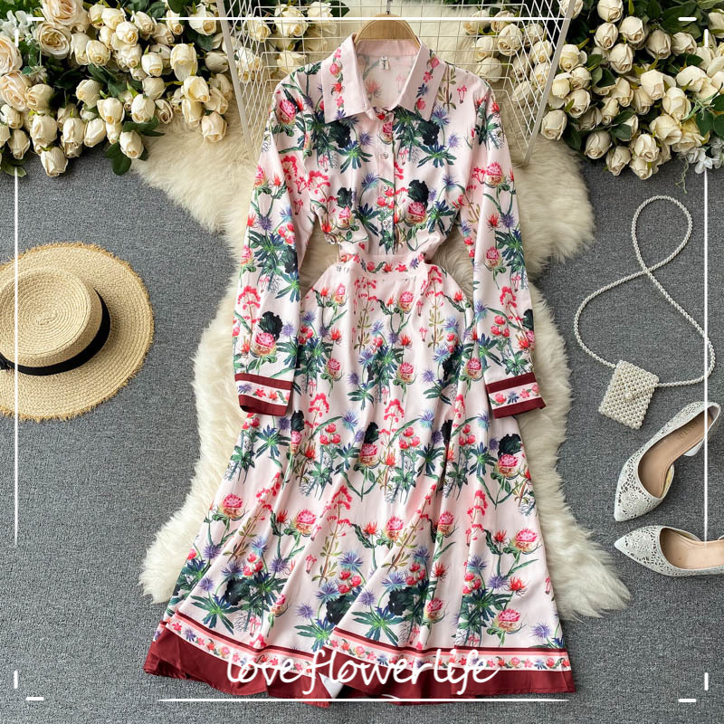 LoveFlowerLife Spring Autumn Casual Solid A Line Floral Print Dress Turndown Collar High Waist Mid Calf Women Dresses 210521