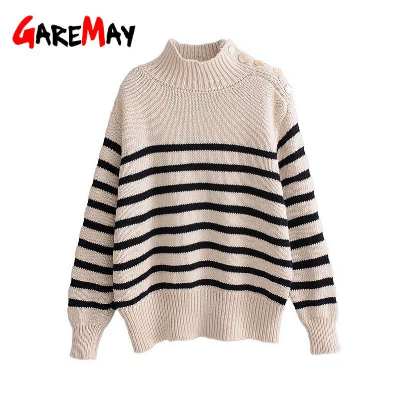 Oversized Striped Turtleneck Sweater Female Winter White Knitted Jumper Button Loose Fashion Womens Pullover 210428