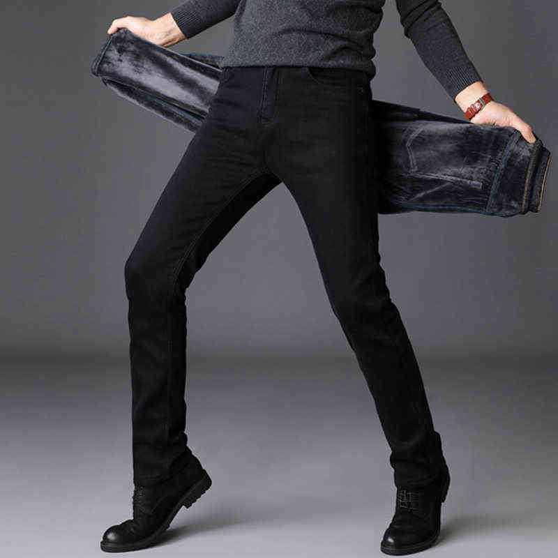 Men Fashion Winter Jeans Black Color Slim Fit Stretch Thick Velvet Pants Warm Casual Fleece Trousers Male 211111
