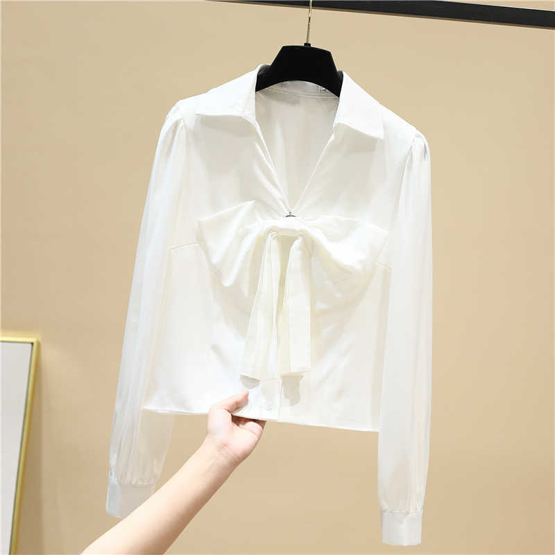 White Bow Full Turn Down Collar Shirt Women's Spring Loose Short Top 210615