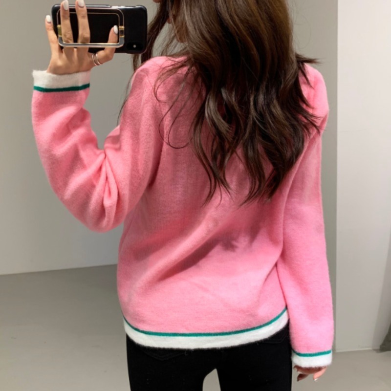 MATAKAWA Fashion Loose Temperament Contrast Women's Sweater Autumn Winter Korean Round Neck Knitted Cardigan Coat 210513