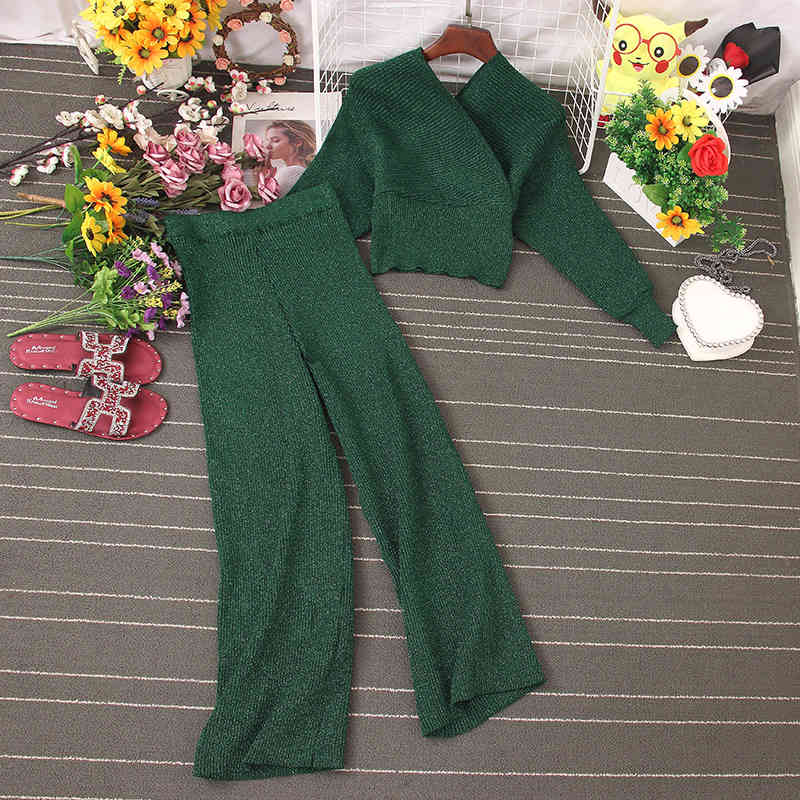 Elgant Fashion Women Shining Knitted Two Pieces Set Autumn Winter V Neck Bat Sleeve Sweater Top Elastic Wide Leg Long Pants 210506