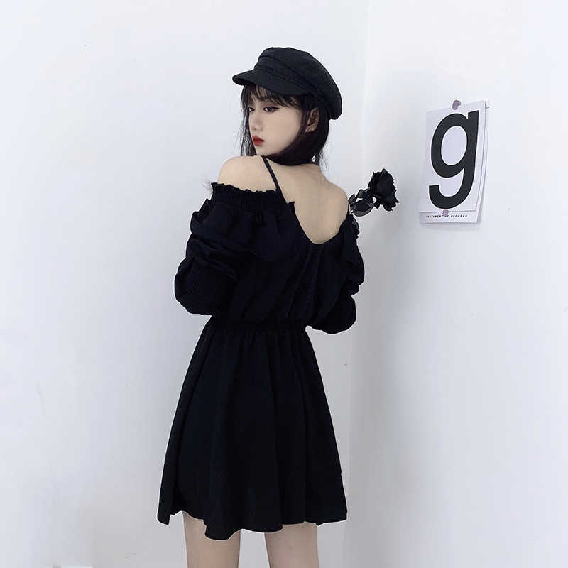 Women dress demon girl original black spring and autumn sexy high waist femme dress shoulder long sleeve gothic dress A085 210630