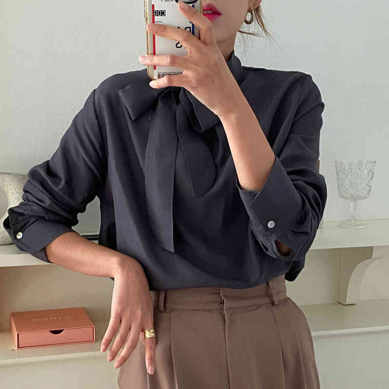 Chic Women Bow Bandage Stand Collar Blouses Solid Casual Retro Sweet Elegant Blouse Korean All Match Tops Shirt 210519