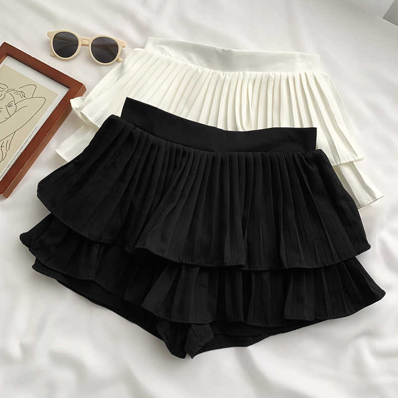 Woman Shorts Korean Pleated Double Ruffle Bottoms Causal High Wiast Sweet Sexy Short Feminimos 6G188 210603