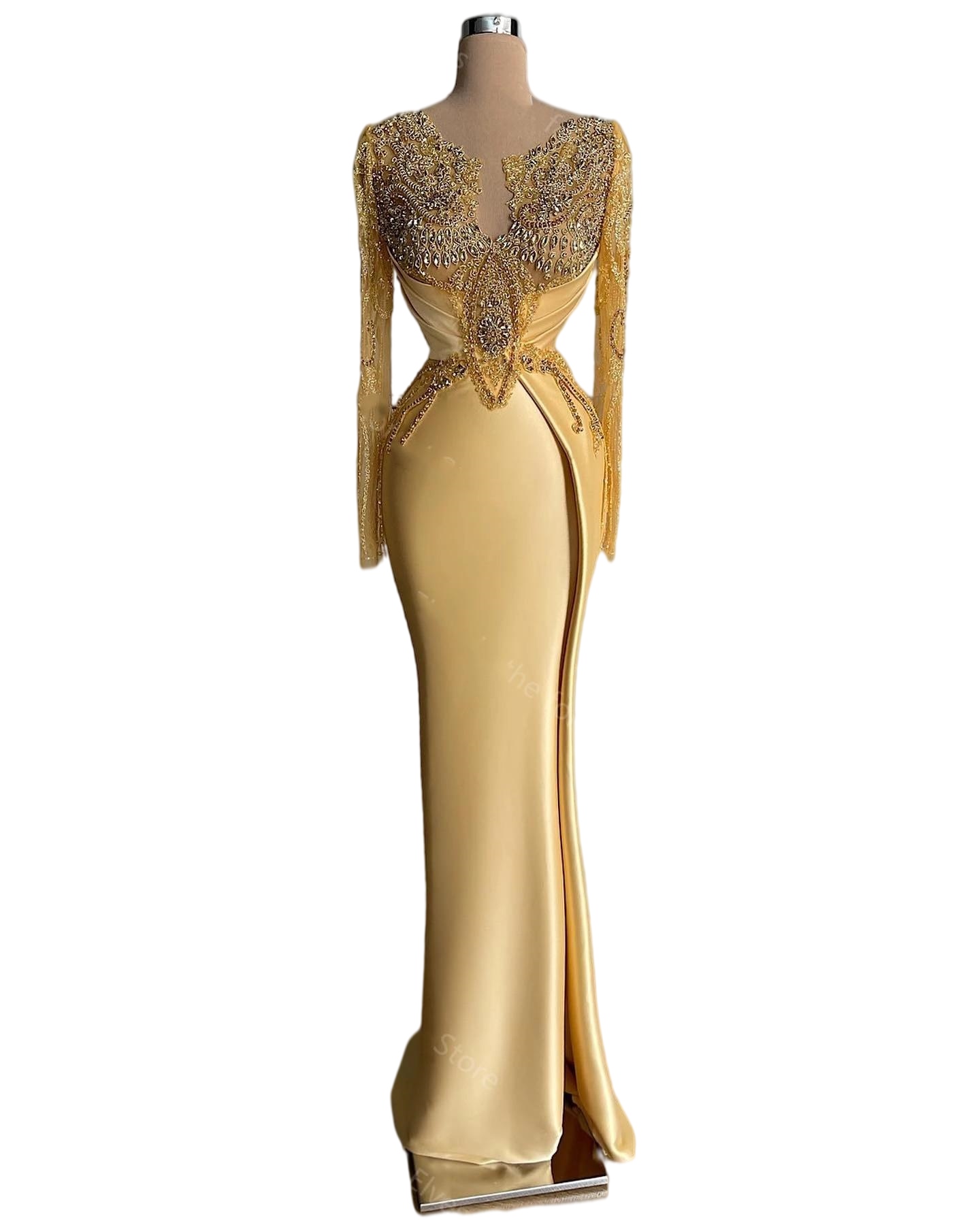 Luxury Long Sleeve Mermaid Prom Dresses Crystal Lace Beaded Robe de soirée caftan Arabic Full Length Evening Party Gowns