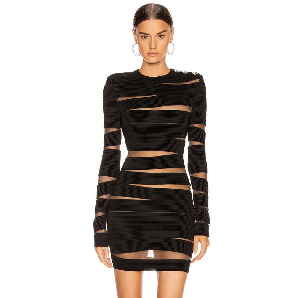 Winter Black Lace Bandage Dress Women Sexy Long Sleeve Hollow Out Club Mini Celebrity Evening Runway Party 210423