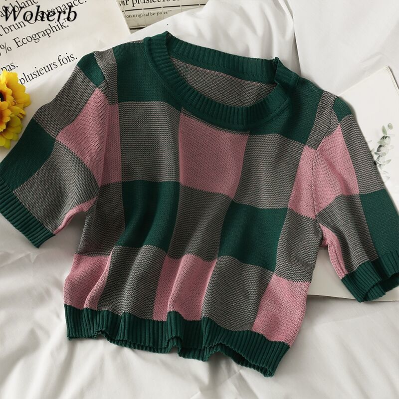 Contrast Color Plaid T-shirt Women Summer Thin Knitted Tops Korean Fashion Crop Top Knitwear Chic Streetwear 210519