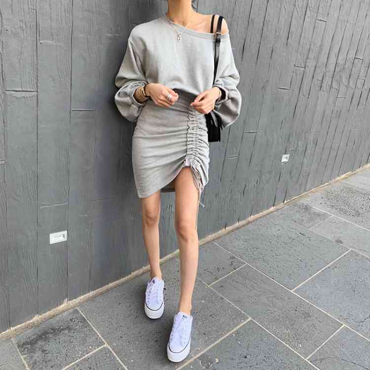 Fashion Women Vintage Gray Drawstring Dress Bodycon Mini Female Lantern Sleeve O Neck Casual Sexy Spring Summer 210519