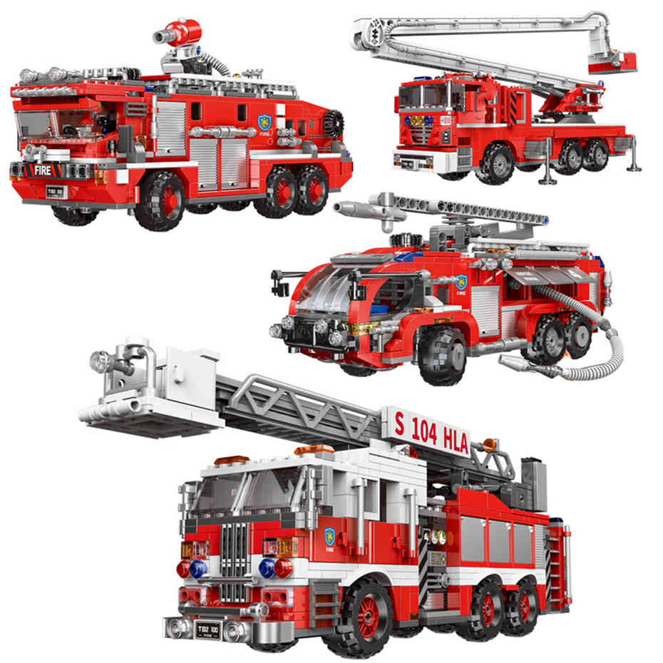 

City Fire Fighting Truck Series MOC High-technic 4 Styles Fire Engine Building Blocks Ladder Truck Bricks Toys for children Gift X0503