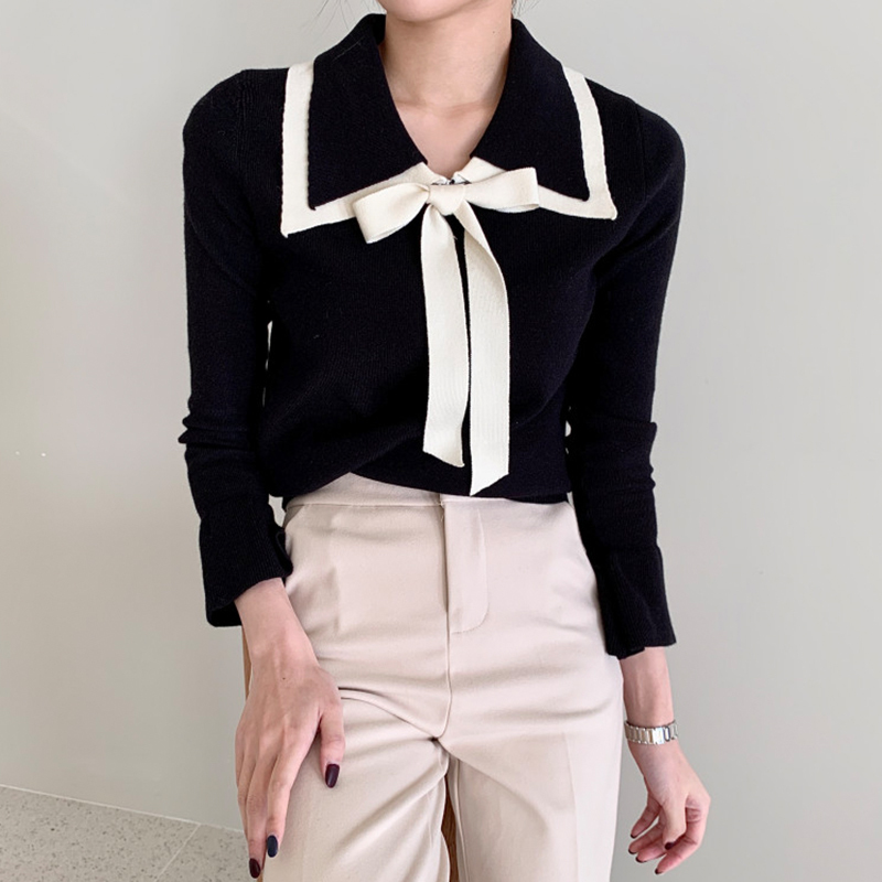Casual Bow Bandage Women Sweater Korean Chic Contrast Color Female Knitted Sweaters Office Lady Slim Pullover Jumper 210519